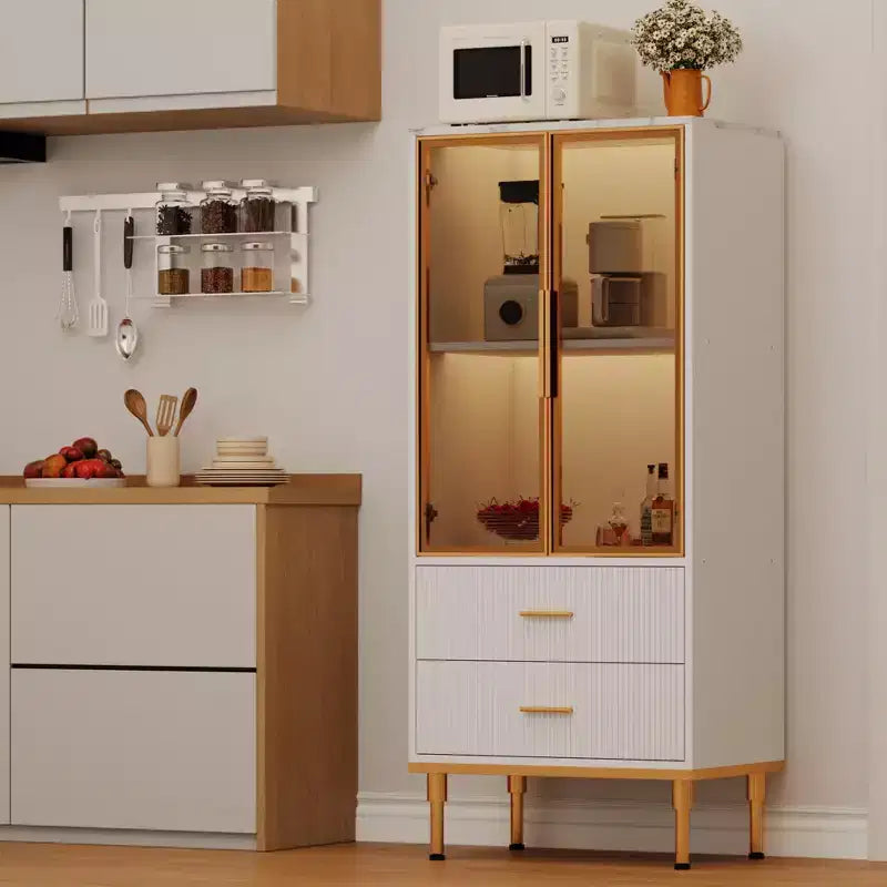 Fluted Storage Cabinet with Glass Door and 2 Drawers, Modern Display Storage Cabinet, Kitchen Pantry with Adjustable Shelves for Collectibles