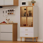 Fluted Storage Cabinet with Glass Door and 2 Drawers, Modern Display Storage Cabinet, Kitchen Pantry with Adjustable Shelves for Collectibles