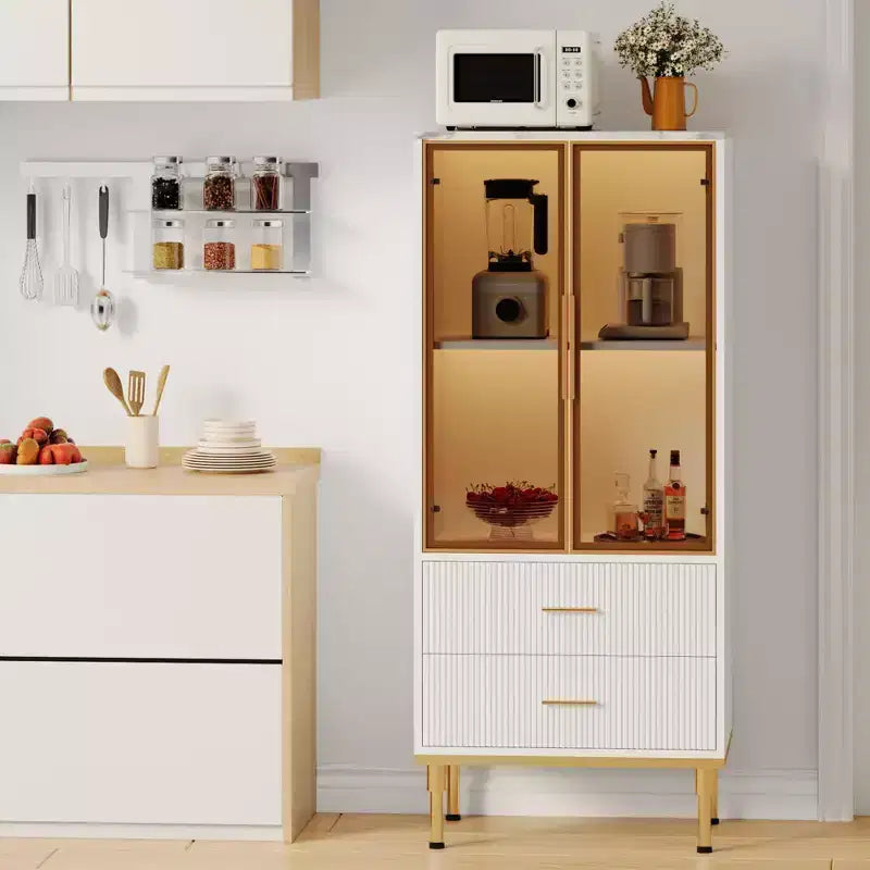 Fluted Storage Cabinet with Glass Door and 2 Drawers, Modern Display Storage Cabinet, Kitchen Pantry with Adjustable Shelves for Collectibles