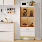 Fluted Storage Cabinet with Glass Door and 2 Drawers, Modern Display Storage Cabinet, Kitchen Pantry with Adjustable Shelves for Collectibles