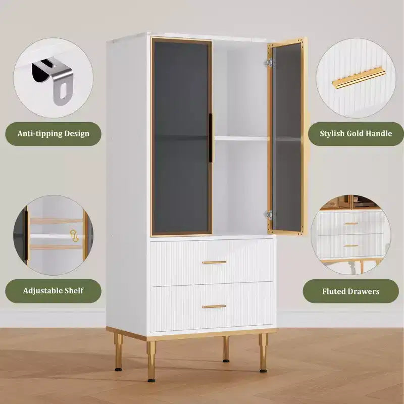 Fluted Storage Cabinet with Glass Door and 2 Drawers, Modern Display Storage Cabinet, Kitchen Pantry with Adjustable Shelves for Collectibles