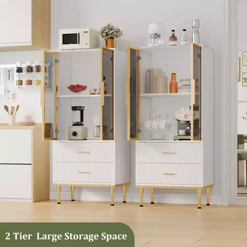 Fluted Storage Cabinet with Glass Door and 2 Drawers, Modern Display Storage Cabinet, Kitchen Pantry with Adjustable Shelves for Collectibles