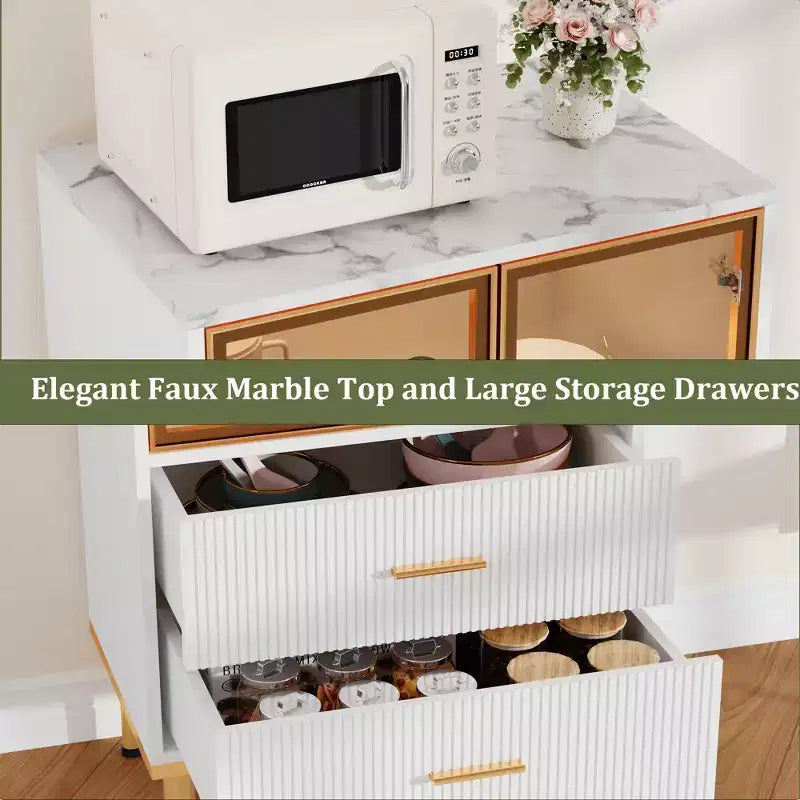 Fluted Storage Cabinet with Glass Door and 2 Drawers, Modern Display Storage Cabinet, Kitchen Pantry with Adjustable Shelves for Collectibles