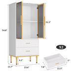 Fluted Storage Cabinet with Glass Door and 2 Drawers, Modern Display Storage Cabinet, Kitchen Pantry with Adjustable Shelves for Collectibles