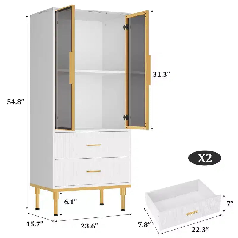 Fluted Storage Cabinet with Glass Door and 2 Drawers, Modern Display Storage Cabinet, Kitchen Pantry with Adjustable Shelves for Collectibles