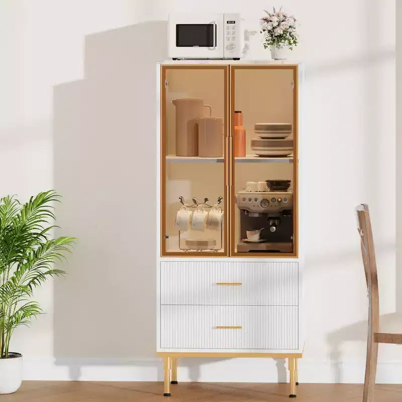 Fluted Storage Cabinet with Glass Door and 2 Drawers, Modern Display Storage Cabinet, Kitchen Pantry with Adjustable Shelves for Collectibles