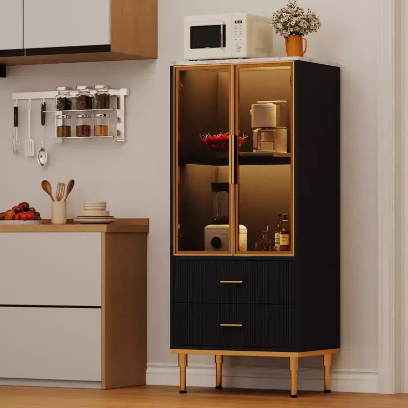 Fluted Storage Cabinet with Glass Door and 2 Drawers, Modern Display Storage Cabinet, Kitchen Pantry with Adjustable Shelves for Collectibles