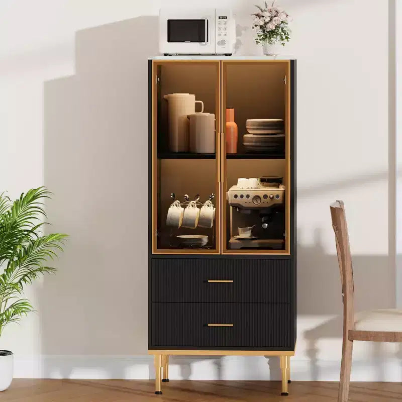 Fluted Storage Cabinet with Glass Door and 2 Drawers, Modern Display Storage Cabinet, Kitchen Pantry with Adjustable Shelves for Collectibles