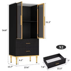 Fluted Storage Cabinet with Glass Door and 2 Drawers, Modern Display Storage Cabinet, Kitchen Pantry with Adjustable Shelves for Collectibles