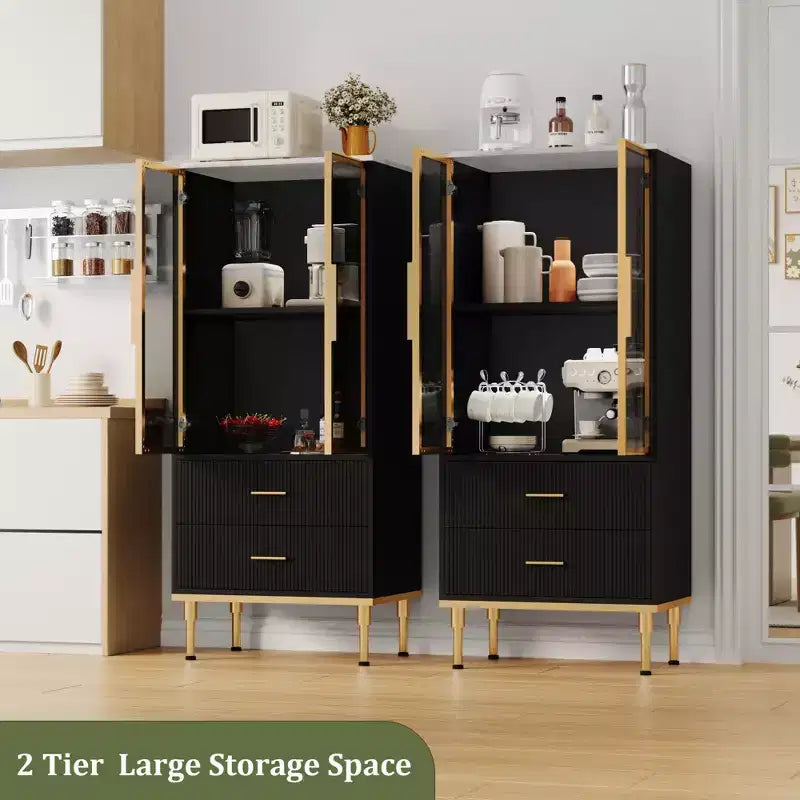 Fluted Storage Cabinet with Glass Door and 2 Drawers, Modern Display Storage Cabinet, Kitchen Pantry with Adjustable Shelves for Collectibles