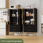 Fluted Storage Cabinet with Glass Door and 2 Drawers, Modern Display Storage Cabinet, Kitchen Pantry with Adjustable Shelves for Collectibles