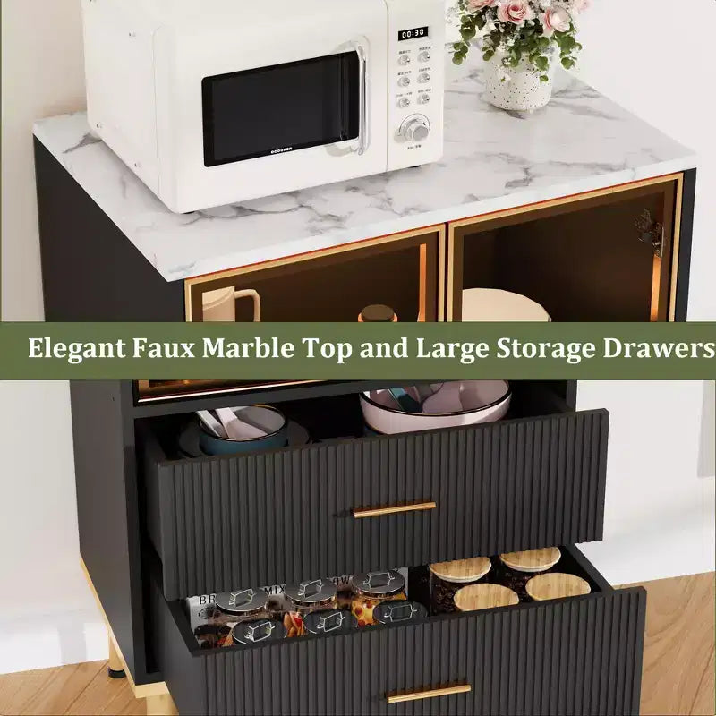 Fluted Storage Cabinet with Glass Door and 2 Drawers, Modern Display Storage Cabinet, Kitchen Pantry with Adjustable Shelves for Collectibles