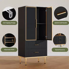 Fluted Storage Cabinet with Glass Door and 2 Drawers, Modern Display Storage Cabinet, Kitchen Pantry with Adjustable Shelves for Collectibles