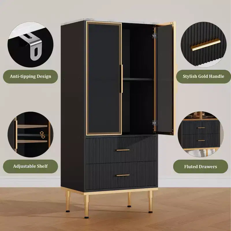 Fluted Storage Cabinet with Glass Door and 2 Drawers, Modern Display Storage Cabinet, Kitchen Pantry with Adjustable Shelves for Collectibles