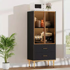 Fluted Storage Cabinet with Glass Door and 2 Drawers, Modern Display Storage Cabinet, Kitchen Pantry with Adjustable Shelves for Collectibles