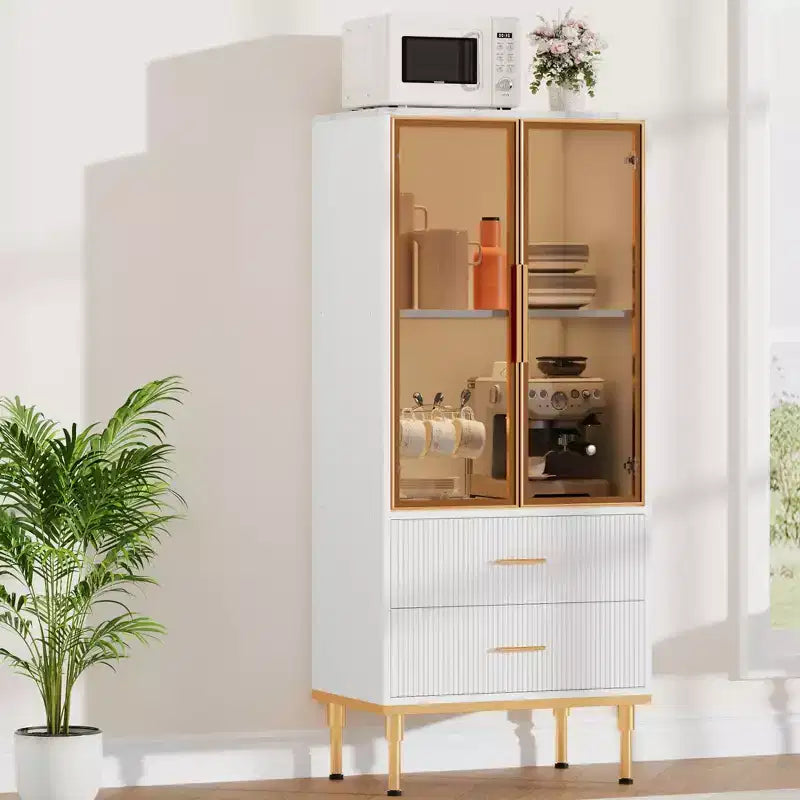 Fluted Storage Cabinet with Glass Door and 2 Drawers, Modern Display Storage Cabinet, Kitchen Pantry with Adjustable Shelves for Collectibles