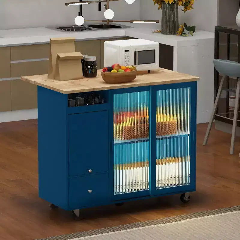 TROPOW Rolling Kitchen Island Cart with LED Light, Adjustable Shelf Kitchen Island Table with Storage 2 Drawers, Island on Wheels
