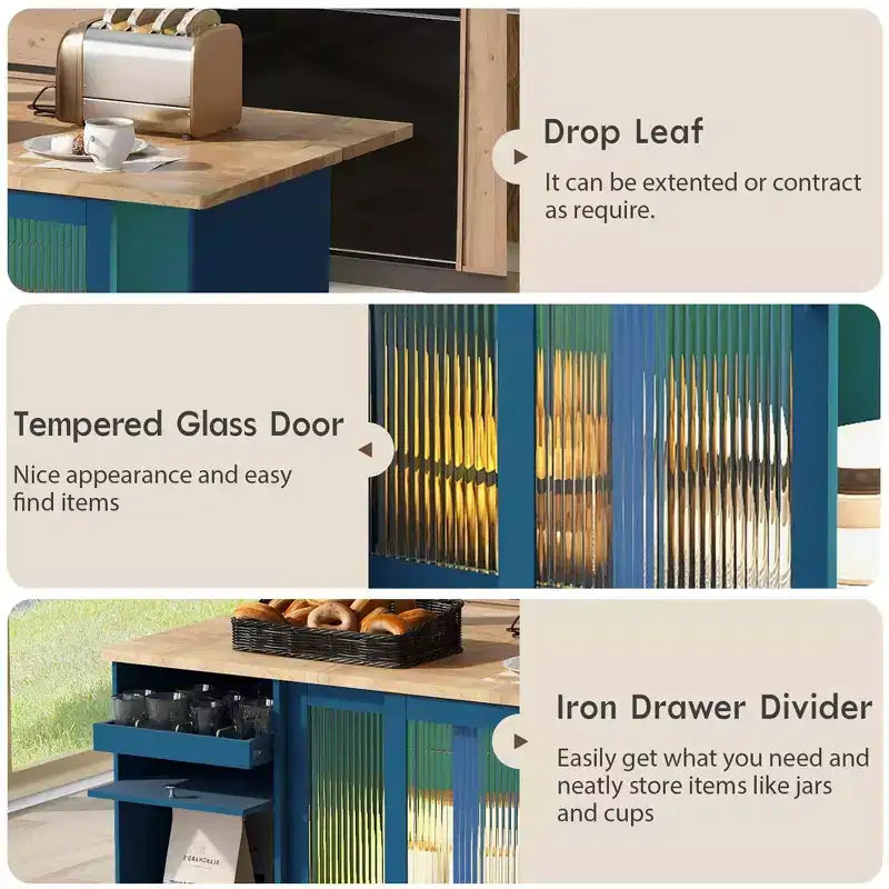 TROPOW Rolling Kitchen Island Cart with LED Light, Adjustable Shelf Kitchen Island Table with Storage 2 Drawers, Island on Wheels