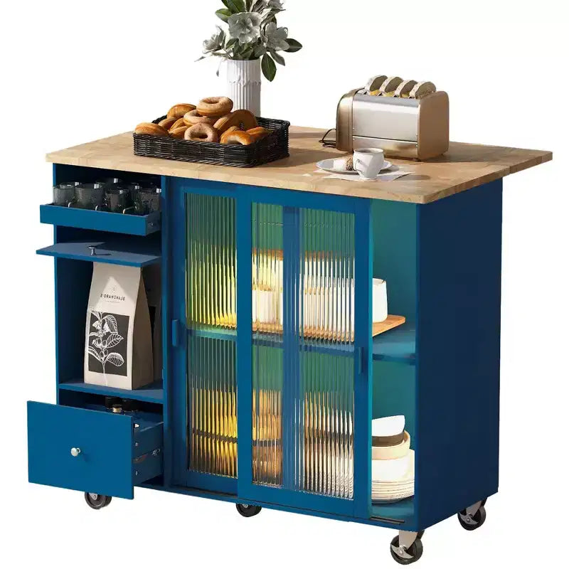TROPOW Rolling Kitchen Island Cart with LED Light, Adjustable Shelf Kitchen Island Table with Storage 2 Drawers, Island on Wheels
