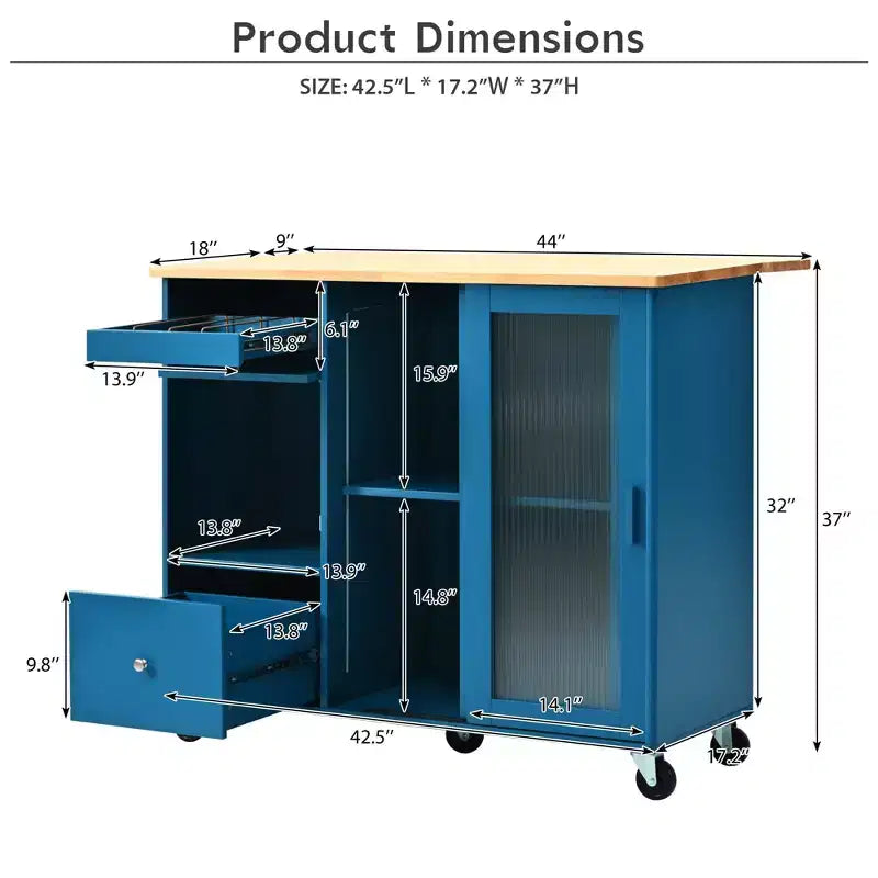 TROPOW Rolling Kitchen Island Cart with LED Light, Adjustable Shelf Kitchen Island Table with Storage 2 Drawers, Island on Wheels