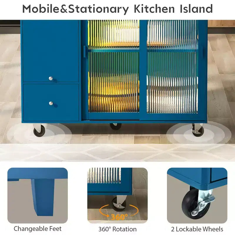 TROPOW Rolling Kitchen Island Cart with LED Light, Adjustable Shelf Kitchen Island Table with Storage 2 Drawers, Island on Wheels