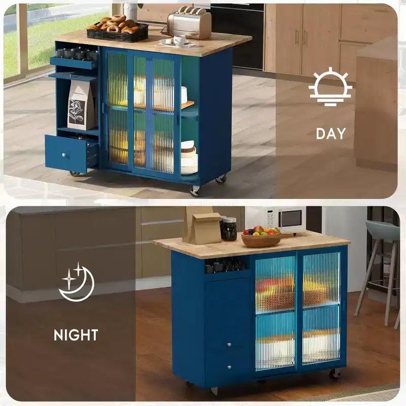 TROPOW Rolling Kitchen Island Cart with LED Light, Adjustable Shelf Kitchen Island Table with Storage 2 Drawers, Island on Wheels