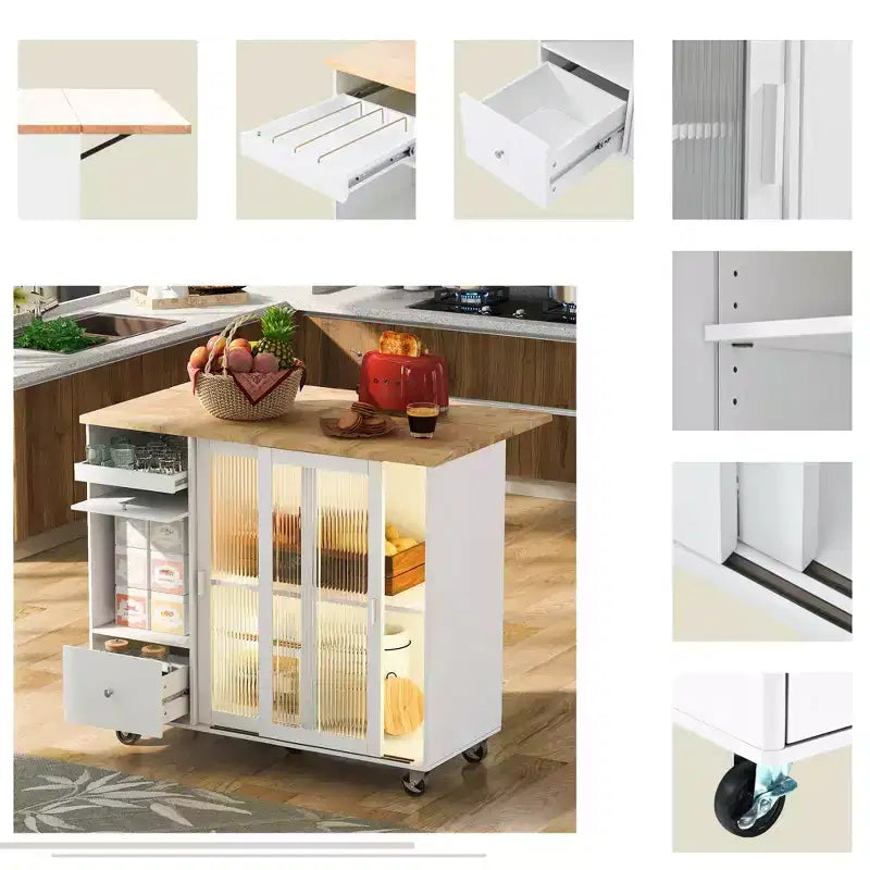TROPOW Rolling Kitchen Island Cart with LED Light, Adjustable Shelf Kitchen Island Table with Storage 2 Drawers, Island on Wheels