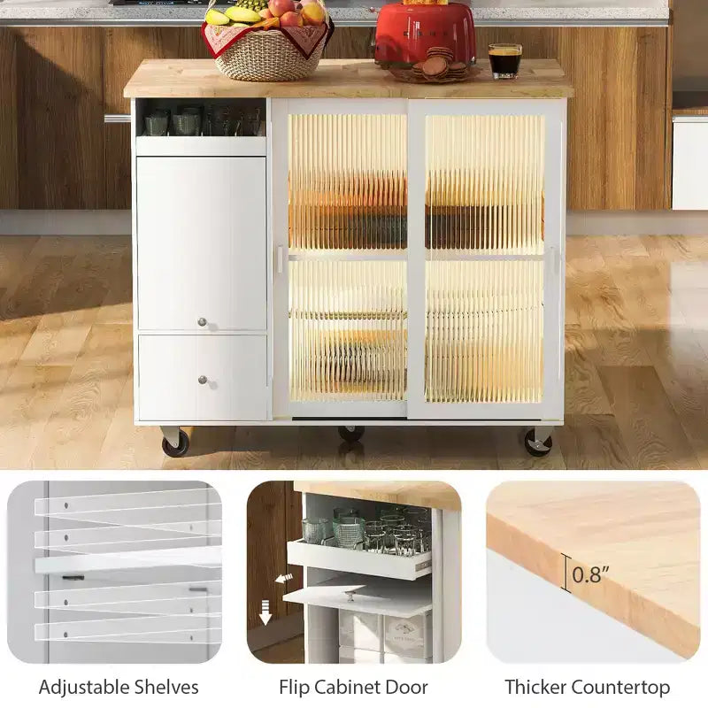 TROPOW Rolling Kitchen Island Cart with LED Light, Adjustable Shelf Kitchen Island Table with Storage 2 Drawers, Island on Wheels