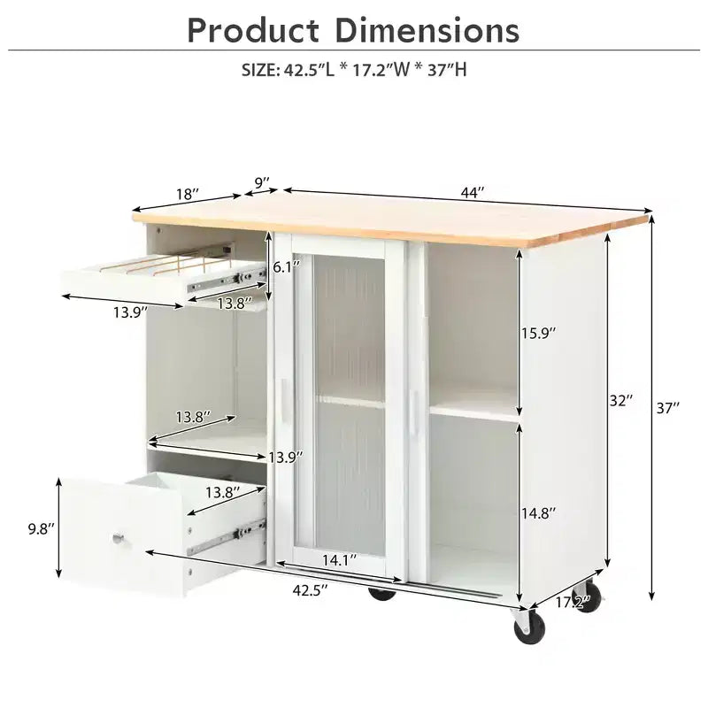 TROPOW Rolling Kitchen Island Cart with LED Light, Adjustable Shelf Kitchen Island Table with Storage 2 Drawers, Island on Wheels