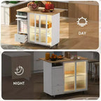 TROPOW Rolling Kitchen Island Cart with LED Light, Adjustable Shelf Kitchen Island Table with Storage 2 Drawers, Island on Wheels
