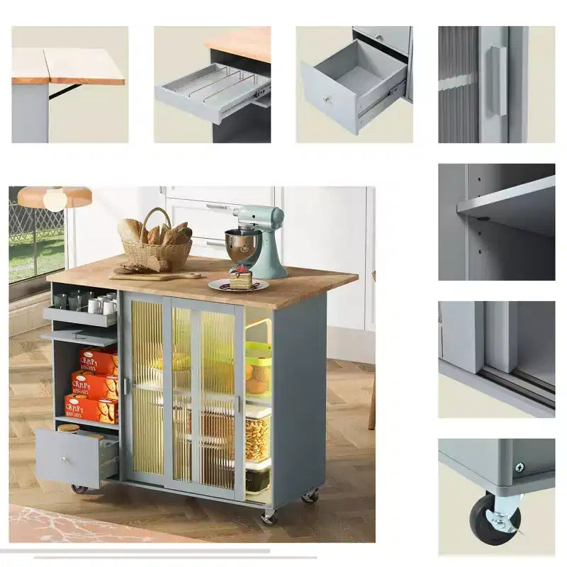 TROPOW Rolling Kitchen Island Cart with LED Light, Adjustable Shelf Kitchen Island Table with Storage 2 Drawers, Island on Wheels