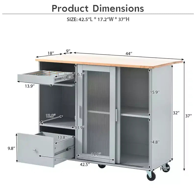 TROPOW Rolling Kitchen Island Cart with LED Light, Adjustable Shelf Kitchen Island Table with Storage 2 Drawers, Island on Wheels