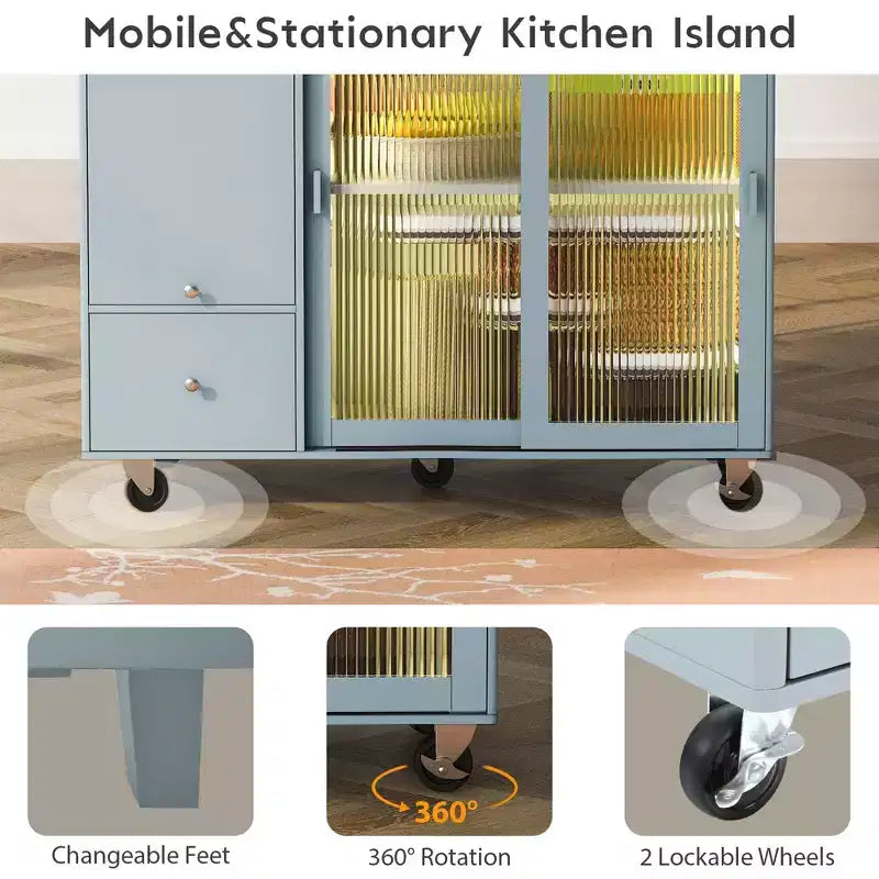 TROPOW Rolling Kitchen Island Cart with LED Light, Adjustable Shelf Kitchen Island Table with Storage 2 Drawers, Island on Wheels