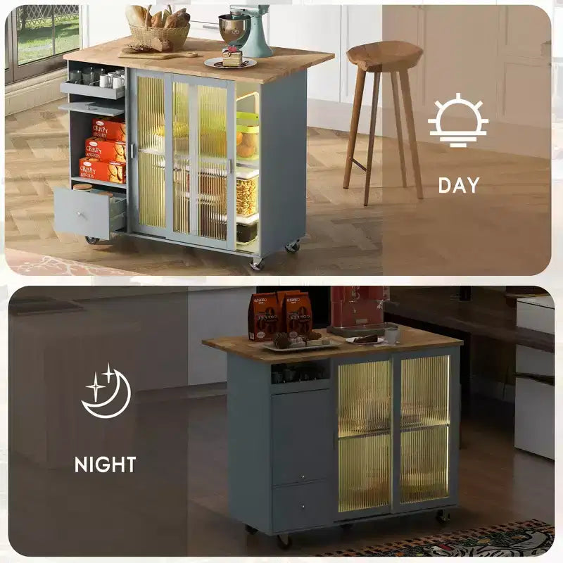 TROPOW Rolling Kitchen Island Cart with LED Light, Adjustable Shelf Kitchen Island Table with Storage 2 Drawers, Island on Wheels