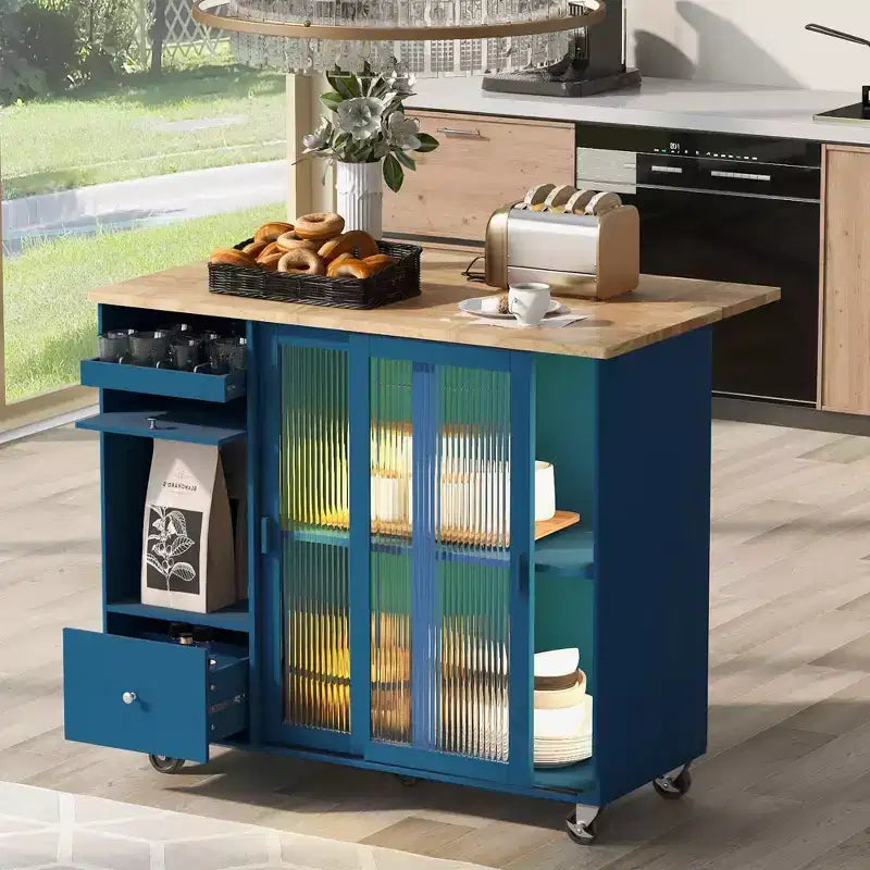 TROPOW Rolling Kitchen Island Cart with LED Light, Adjustable Shelf Kitchen Island Table with Storage 2 Drawers, Island on Wheels