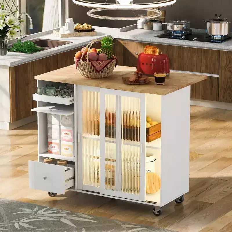 TROPOW Rolling Kitchen Island Cart with LED Light, Adjustable Shelf Kitchen Island Table with Storage 2 Drawers, Island on Wheels