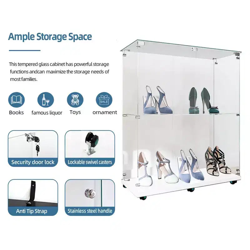MAYEERTY Tempered Glass Display Cabinet Wine Storage File Cabinet Bluetooth Light Strip Lockable Swivel Casters Living Room Bedroom Office White