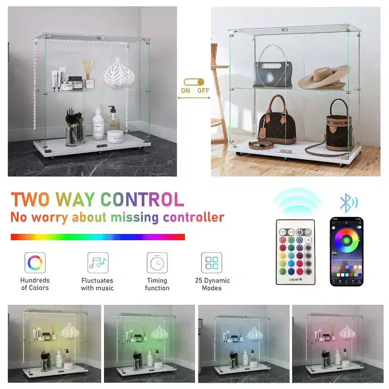 MAYEERTY Tempered Glass Display Cabinet Wine Storage File Cabinet Bluetooth Light Strip Lockable Swivel Casters Living Room Bedroom Office White