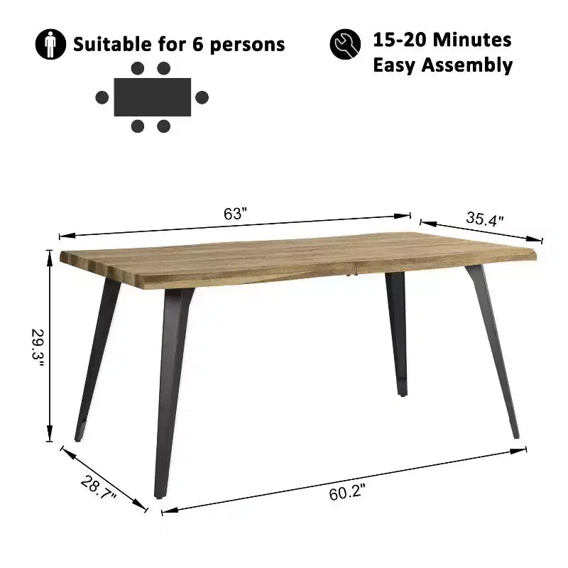 Tavolo da pranzo rettangolare Homy Casa 63 per 6 persone, tavolo moderno effetto legno con gambe in metallo nero