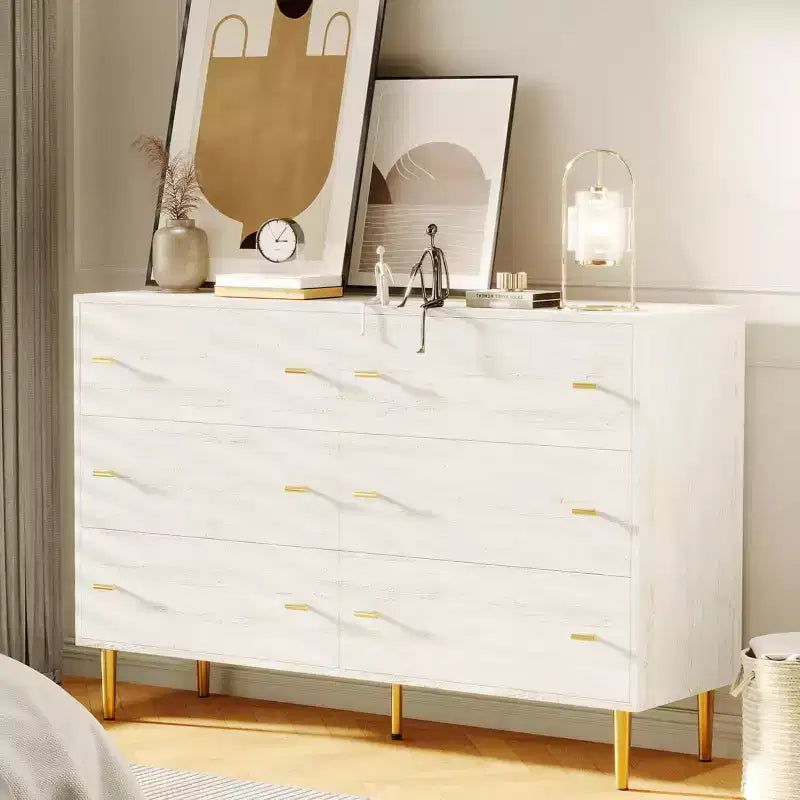 47.2 Farmhouse 6 Drawer Dresser, Rustic Wooden Chest with Large Drawers & Bar Handles for Bedroom, Living Room, Hallway
