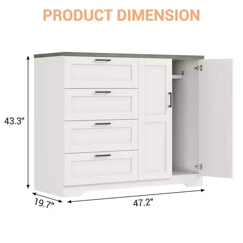 Cassettiera in legno da 43,3 H con armadio contenitore, armadio guardaroba con 4 cassetti e 2 ante