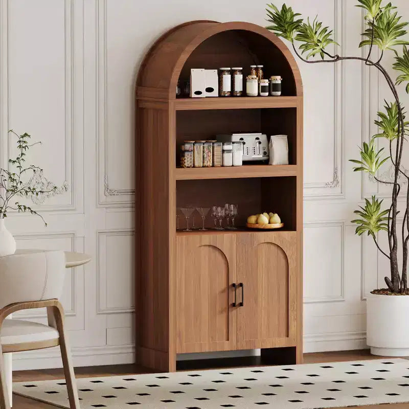 71 Inch Tall Bookcase Arched Cabinet, Modern 5 Tier Bookshelf, with Fluted Doors & Open Display Shelves, for Office Dining Living Room