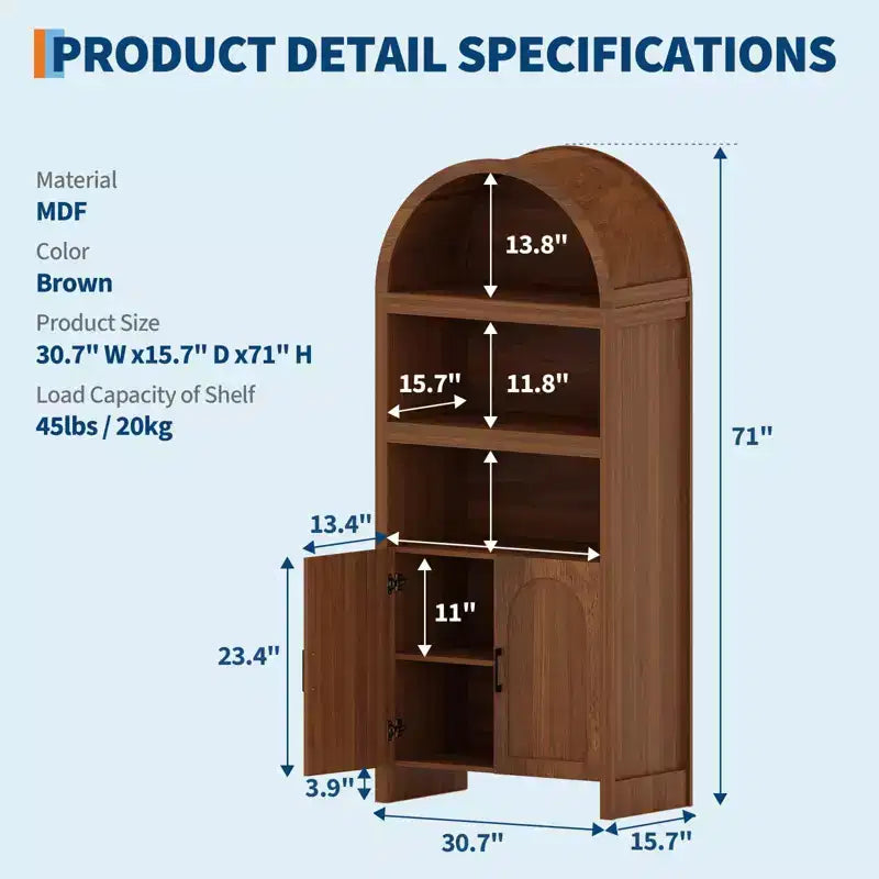 71 Inch Tall Bookcase Arched Cabinet, Modern 5 Tier Bookshelf, with Fluted Doors & Open Display Shelves, for Office Dining Living Room