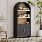 71 Inch Tall Bookcase Arched Cabinet, Modern 5 Tier Bookshelf, with Fluted Doors & Open Display Shelves, for Office Dining Living Room