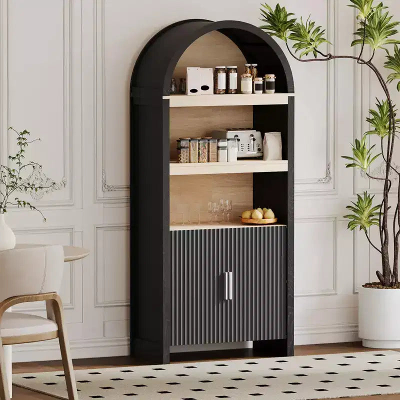 71 Inch Tall Bookcase Arched Cabinet, Modern 5 Tier Bookshelf, with Fluted Doors & Open Display Shelves, for Office Dining Living Room