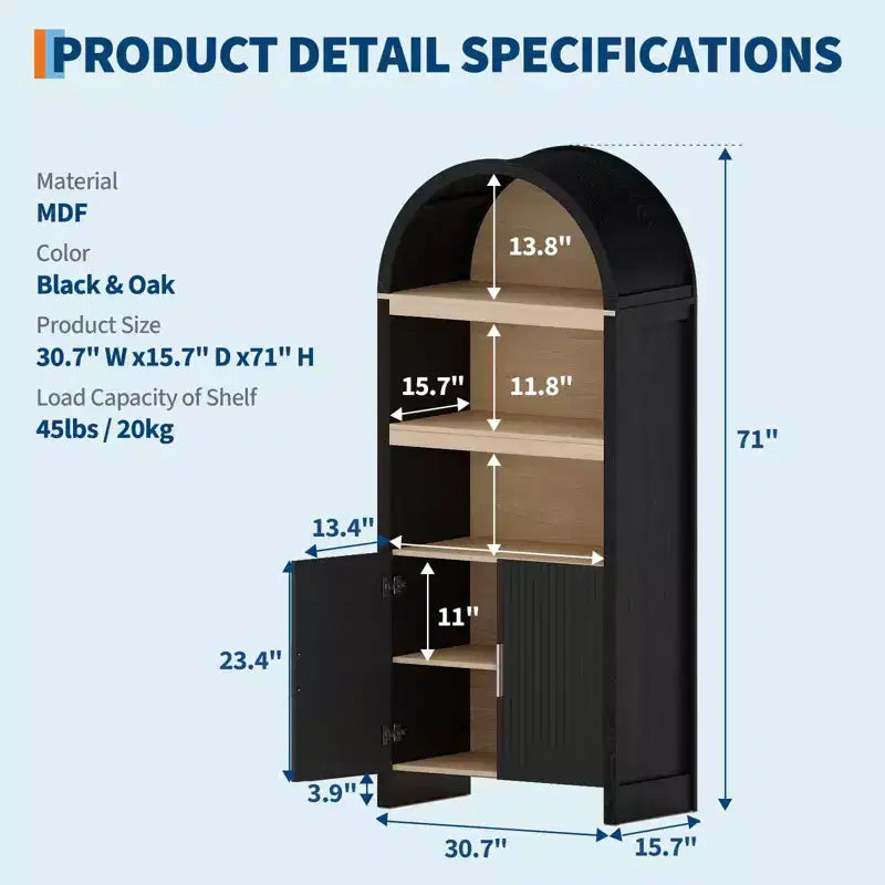 71 Inch Tall Bookcase Arched Cabinet, Modern 5 Tier Bookshelf, with Fluted Doors & Open Display Shelves, for Office Dining Living Room