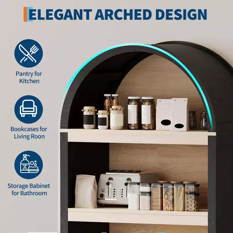 71 Inch Tall Bookcase Arched Cabinet, Modern 5 Tier Bookshelf, with Fluted Doors & Open Display Shelves, for Office Dining Living Room