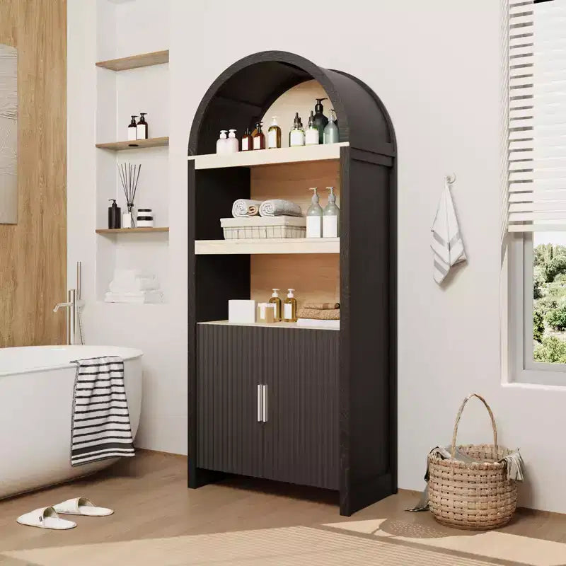 71 Inch Tall Bookcase Arched Cabinet, Modern 5 Tier Bookshelf, with Fluted Doors & Open Display Shelves, for Office Dining Living Room