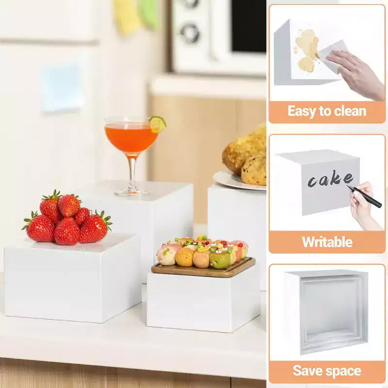 Rialzi per buffet in acrilico da 4 pezzi, espositore per alimenti con base cava, cubi espositivi impilabili per catering, dessert, collezionismo, gioielli, statuette