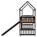Twin House Loft Bed with Slide, Wood Playhouse Loft Bed Frame with Ladder and Roof
